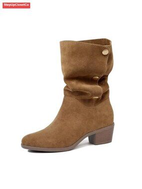 Women's Suede Mid-Calf Boots 3-Way Fold-Over Chunky Heel